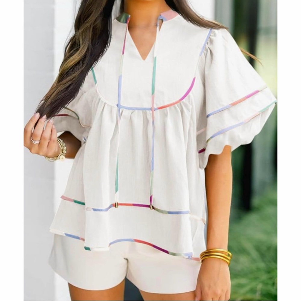Cicy Bell | Multicolored Rainbow Striping Lightweight Boho Blouse Peasant Top